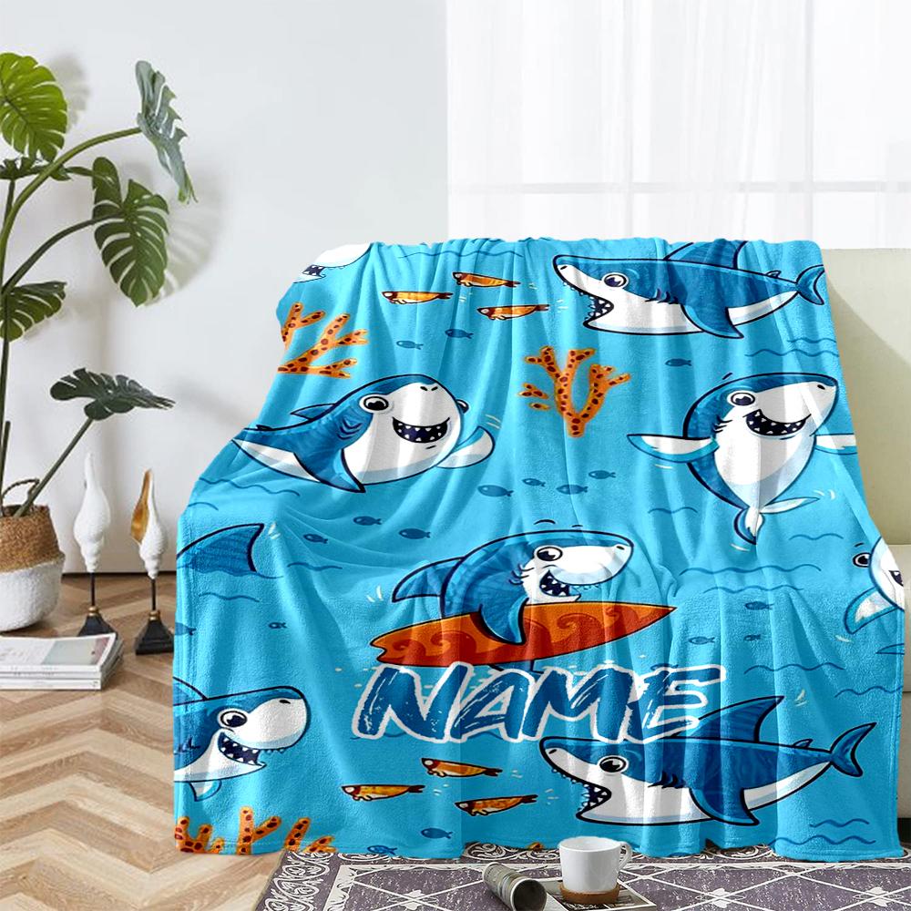 Custom Name Shark Theme Printed Blanket - Perfect for Couch, Bed, Travel & Outdoor Use | Machine Washable, Cozy & Durable.