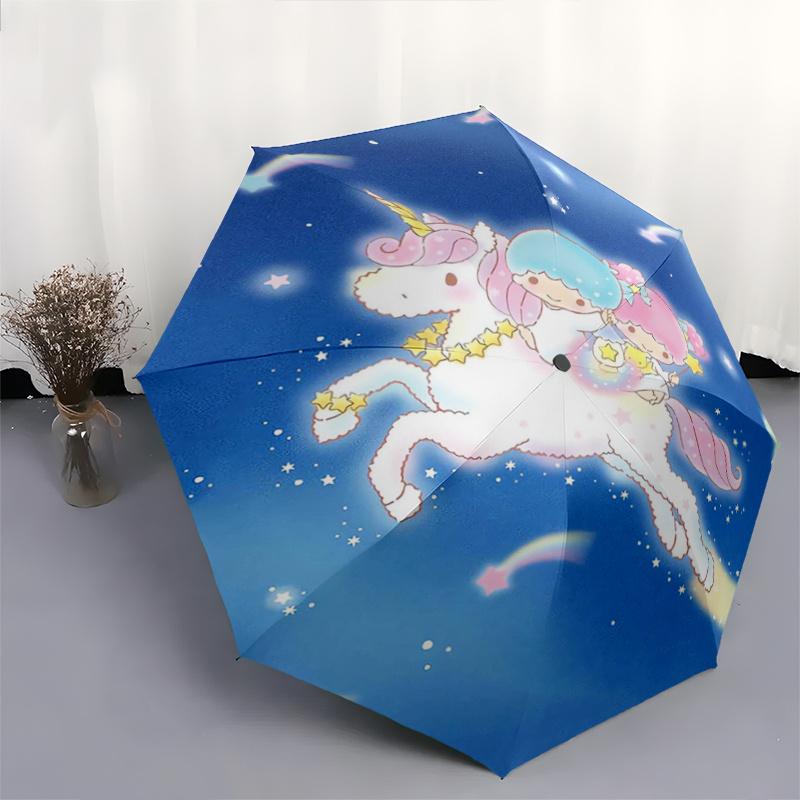 1pc Unicorn and Little twin stars Cartoon Umbrella, Portable 3-Fold Compact Umbrella, Suitable for Camping, Hiking and Travel, Ideal Easter Birthday G