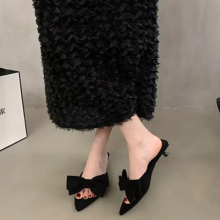 Low-heeled pointed fairy-style sandals apricot women s new summer bow French temperament sandals large size women s shoes 36