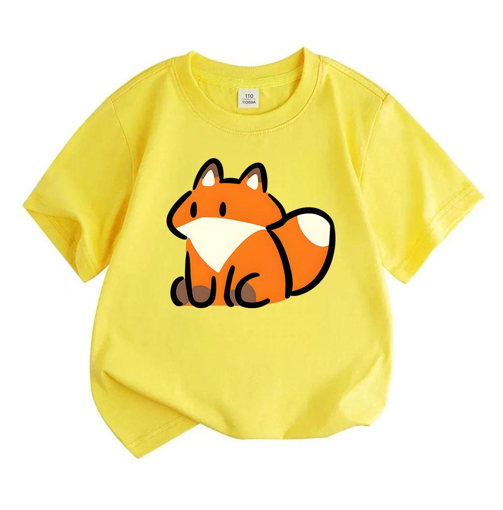 Cute Cartoon Fox Print Kids 100% Cotton Crew Neck Short Sleeve T-Shirt for Boys Girls Soft Breathable Casual Daily Wear Lightweight Summer Tees Tops f