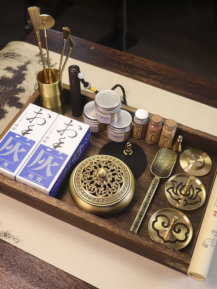 Kodo Set: Brass Ash Press Incense Burner & Pure Incense Powder with Dazuan Seal Mold for Home Use