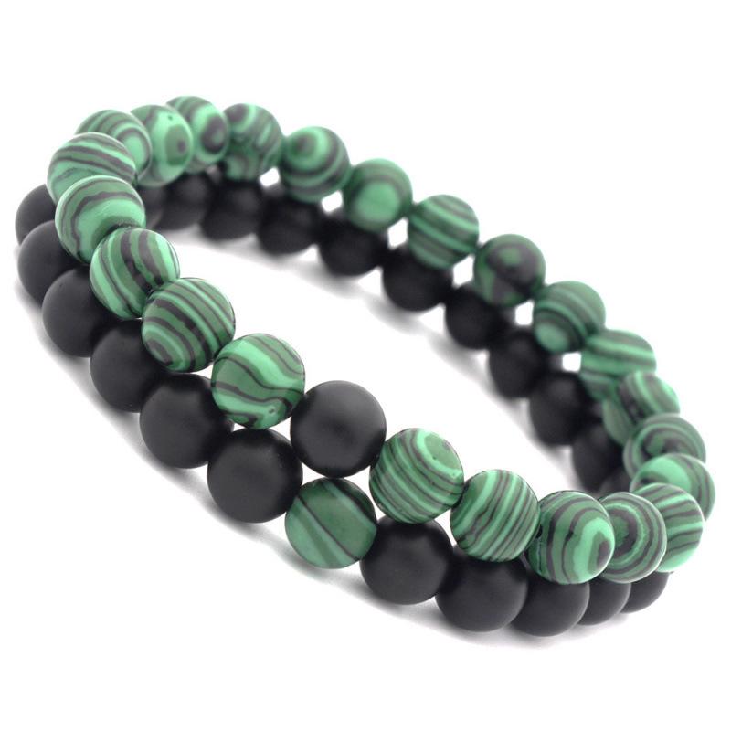 Matte Black & Malachite Stone Couple Bracelet - 8mm Frosted Design