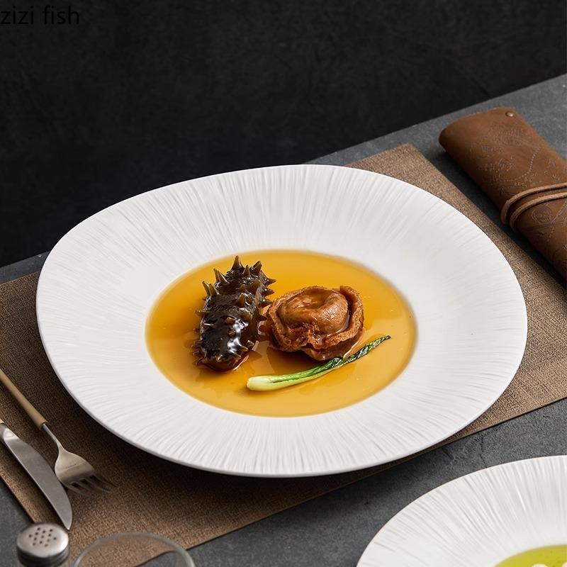 Pure White Wide Edge Striped Plate Ceramic Steak Plate Dessert Snack Plate Pasta Plates Molecular Cuisine Specialty Tableware