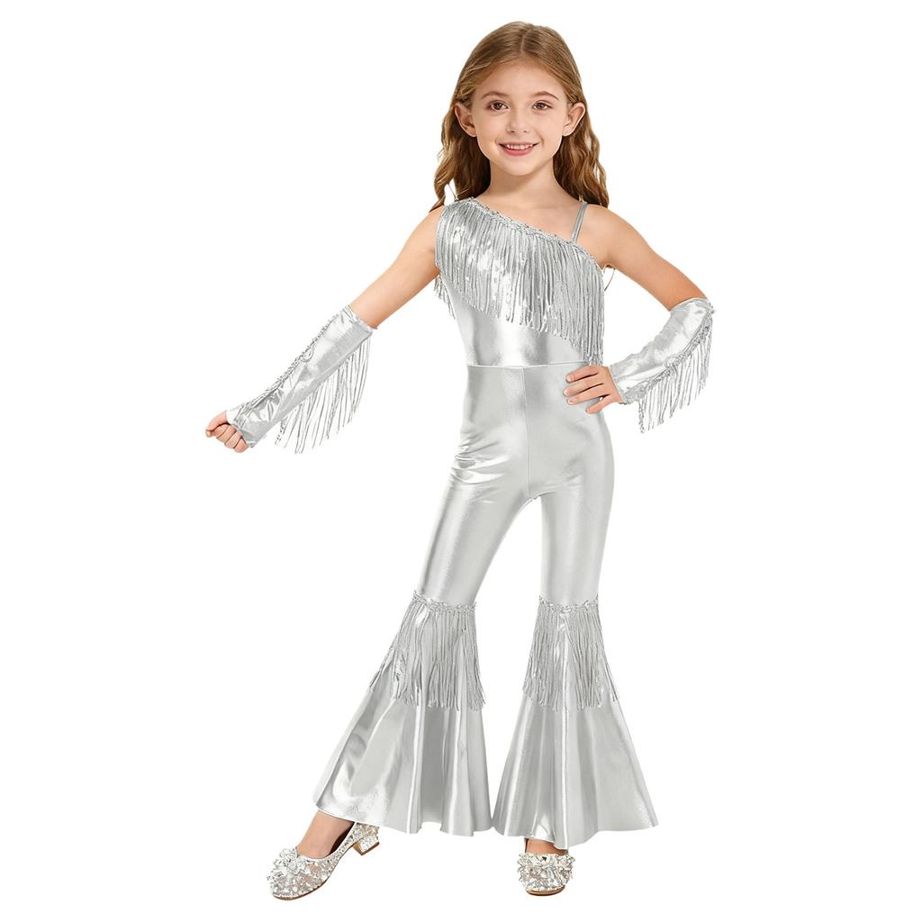 Girls Sequined One Shoulder Jumpsuit Sleeveless Disco Dance Costume High Waist Flared Design Tassel Details Gloves Included