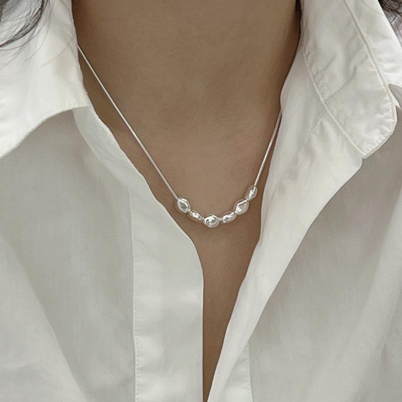 Korean Style Silver Bean Necklace & Bracelet Set - Fashionable S925 Sterling Silver Clavicle Chain