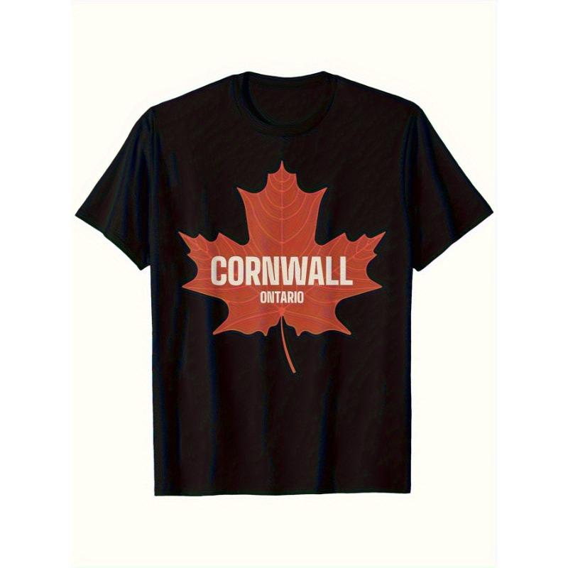 Mens Retro Cotton Tshirt Red Maple Leaf and Cornwall Ontario Pattern Printed Casual Canadian Costume Patriotic Style
