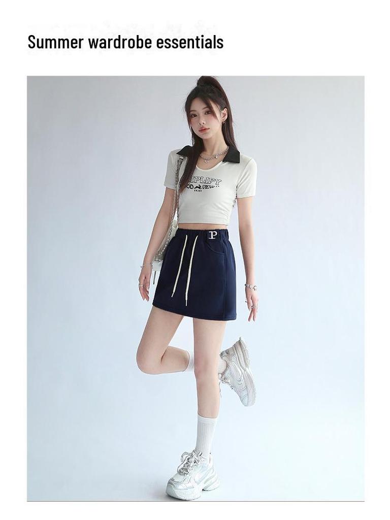 Women's Gray High-Waist A-Line Sports Skirt with Attached Shorts - Spring to Autumn Wear