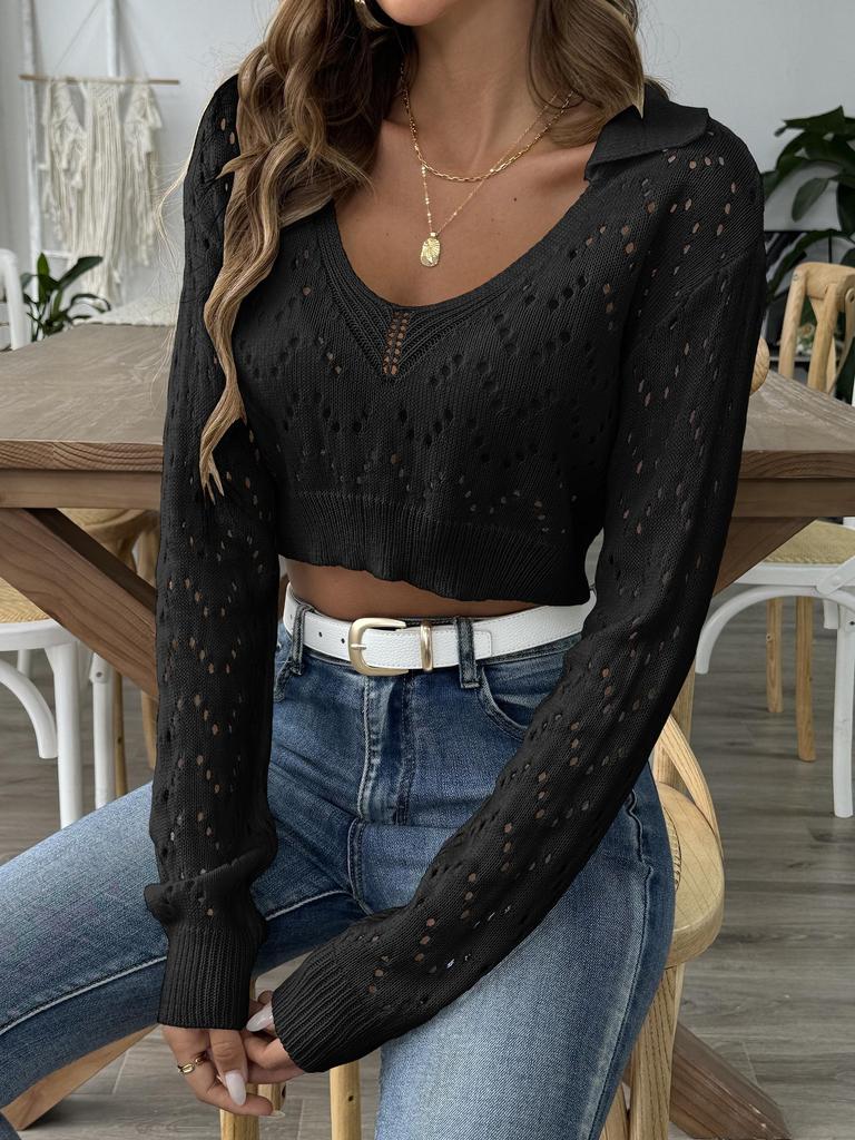 Women's Short Tops for Women's Spring and Autumn New Lapel Polo Collar Hollow Navel Pullover Sweater
