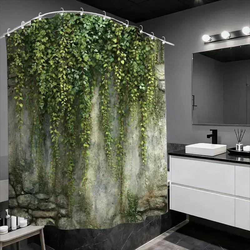A Bathroom Shower Curtain Featuring Dense Plants And Wisteria Flowers, Includes 12 Hooks, Measuring 70.87*70.87Inch, Perfect For