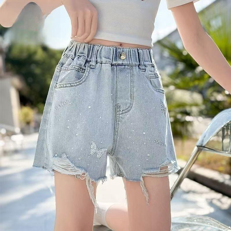 Girls' Denim Pant Stamping Shorts Children's Trendy Perforated Shorts Fashionable Summer Clothing Trend