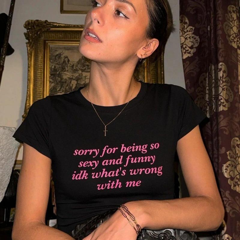 2KWEIRD Y2K Buchstaben-Print Vintage High Street Ästhetisches T-Shirt 2000er Crop Top Sommer Punk Kurzarm Kleidung Lässiges Streetwear T-Shirt