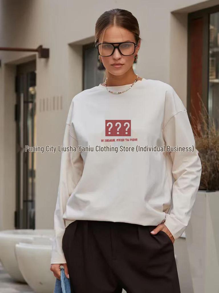 Autumn Retro American Style 100% Cotton Slimming Long-Sleeve Print T-shirt