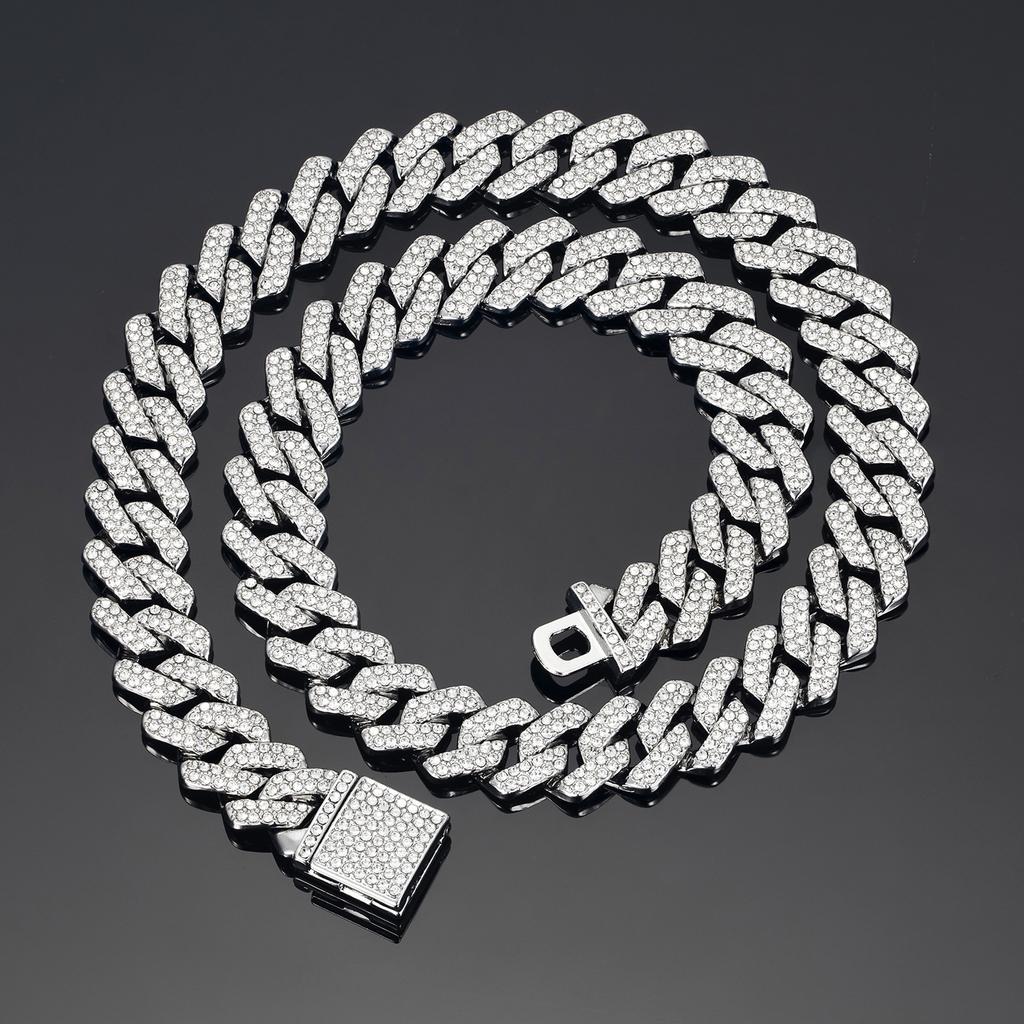 Necklace+Bracelet Cuban Link Chain Hip Hop Men Necklace 14mm Iced Out Paris Chain 2 Row Rhinestone Paved Miami Rhombus Cuban