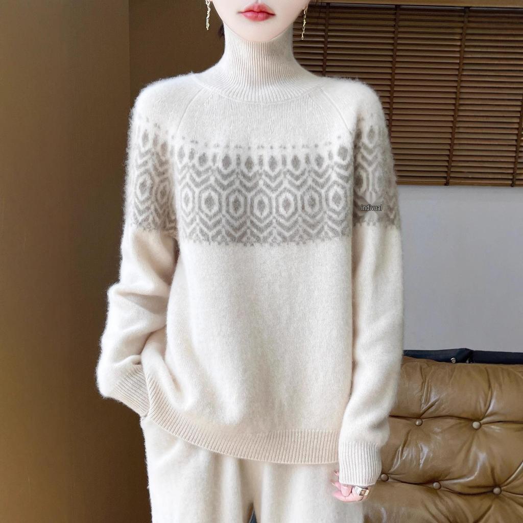 100% Wool Seven-Stitch High Neck Jacquard Women’s Sweater - Thick, Warm & Cold-Resistant Winter Base Layer