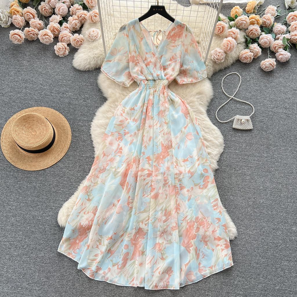 Frauen Chiffon Floral Lange Kleid Koreanische V-ausschnitt Kurzarm A-linie Party Kleider Sommer Böhmischen Stil Strand Vestidos