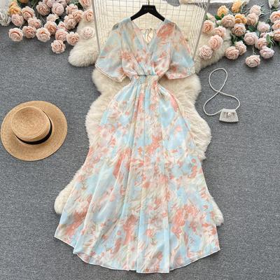 Vestido longo floral de chiffon feminino, decote em v coreano, manga curta, linha A, vestidos de festa, estilo boêmio, vestidos de praia