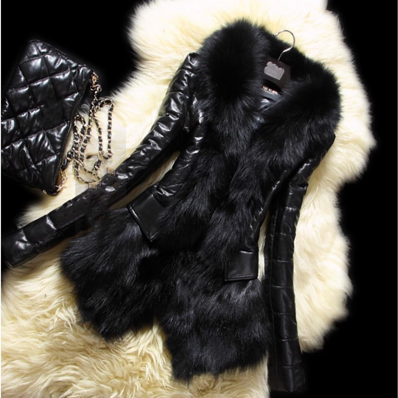 

Women Winter Faux Fur Collar PU Leather Jacket Long Sleeved V-neck Comfortable Jacket XXS