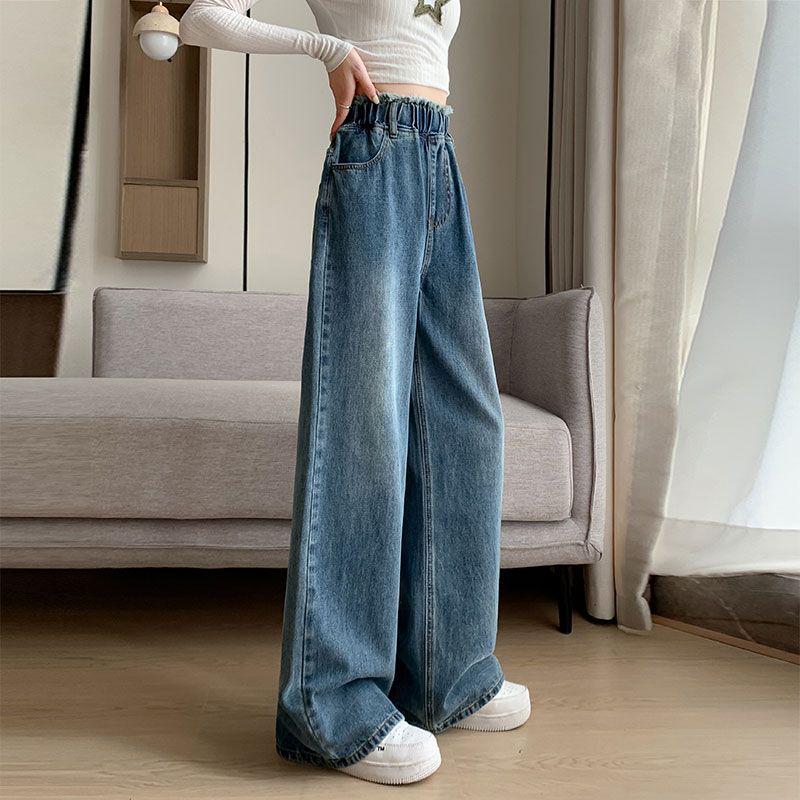 Women's Plus Size High Waist Fluffy Denim Jeans, Floor-Length, Wide Straight Leg, Loose Fit, Autumn/Winter, Slimming, Fits Up To 200 Jin