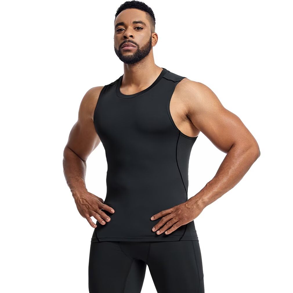 HedingRed Sleeveless Compression Tank Breathable and Sports Undershirt for Training and Men's Top, Quick-Drying Fitness, HR1981blk-M
