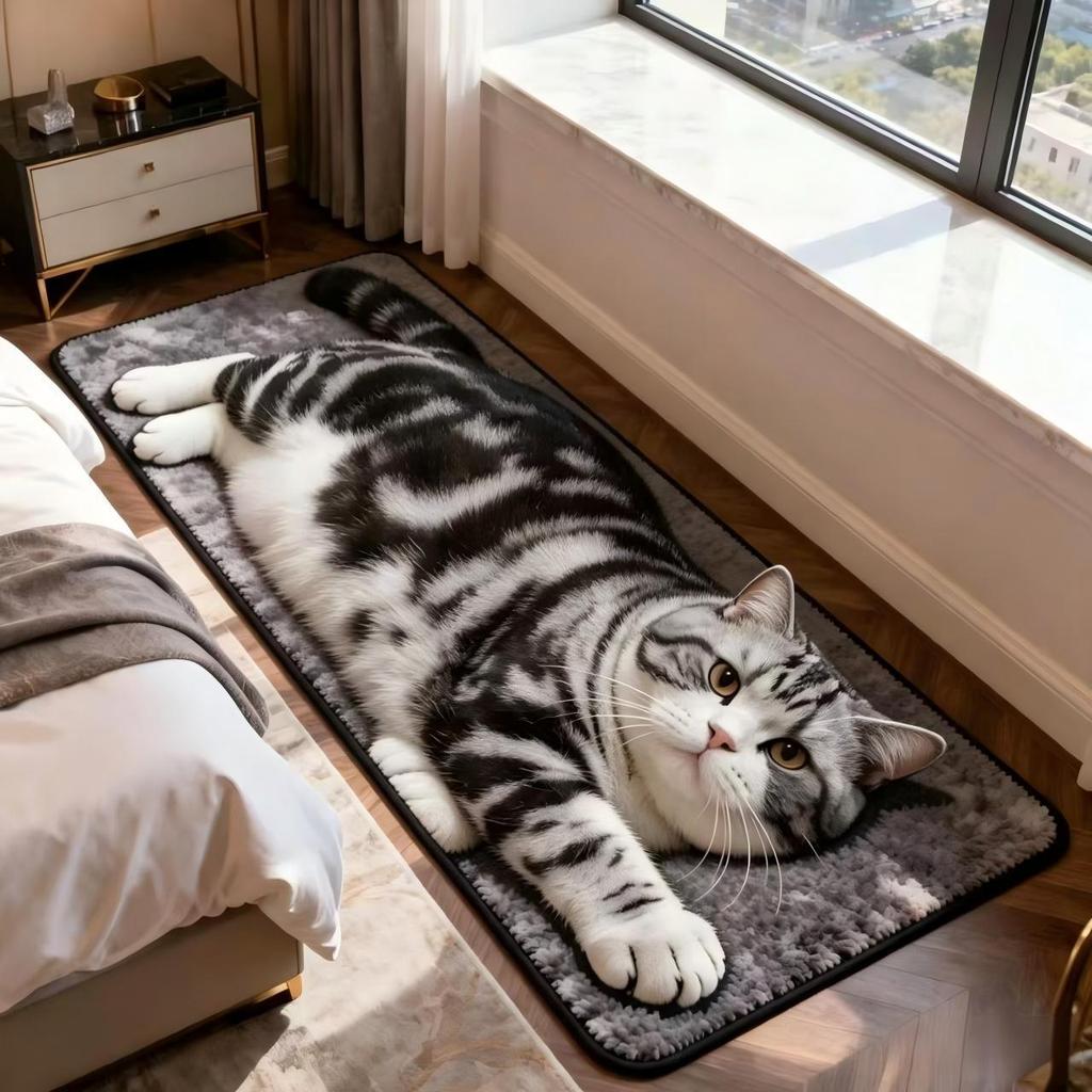 3D Printed Chubby Cat Long Strip Bedroom Anti-Slip Foot Mat, Cute Bedside Crystal Mat for Home Use, Bay Window