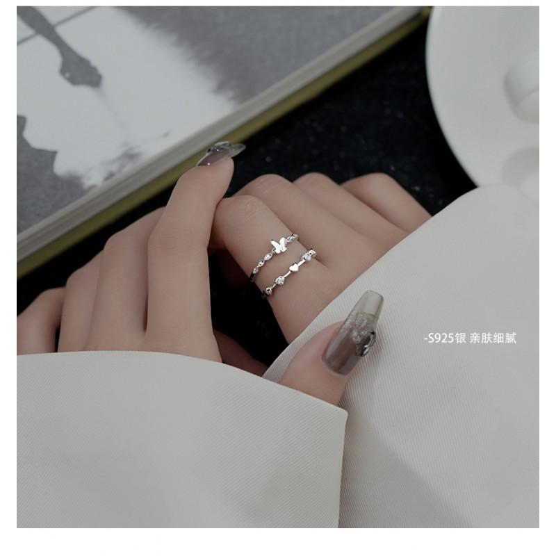 Adjustable Open Ring Women Sterling Butterfly Heart Design With Zirconia Crystals Fashion Elegant Statement Jewelry