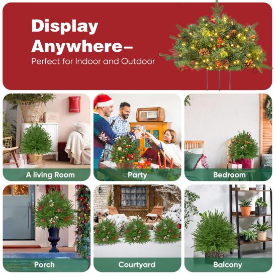 Pre-lit Christmas Tree Urn Filler Battery Operated Artificial Xmas Tree with Cones Berries Holiday Porch Planter Filler with Tripod Stake And LED