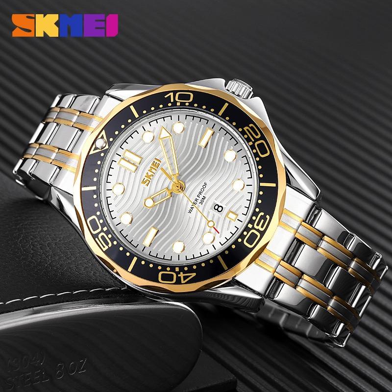Male Business Steel Belt Quartz Watch, Golden Luminous Rotating Dial Waterproof Personalized Watch Male