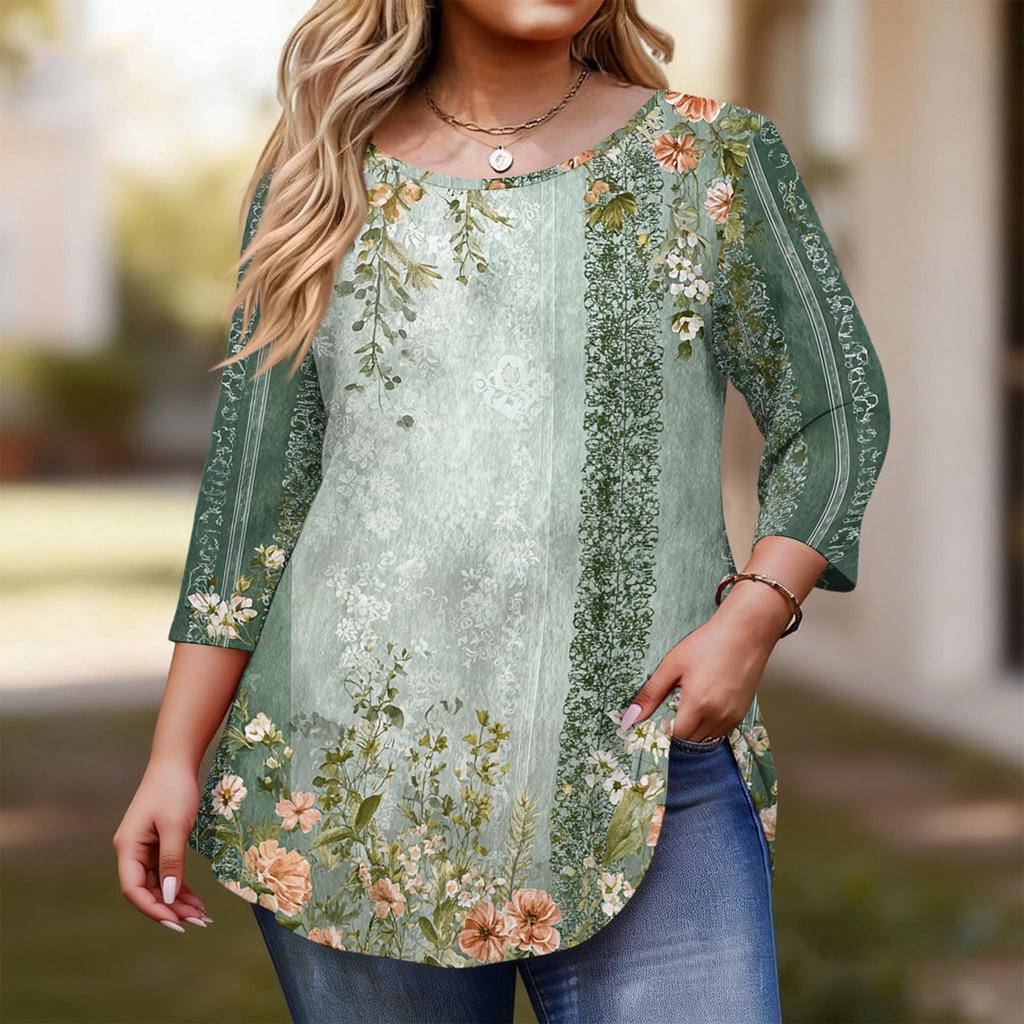 Women's Fashionable Casual Floral Print Plus Size Three-Quarter Sleeve Round Neck Top With Curved.