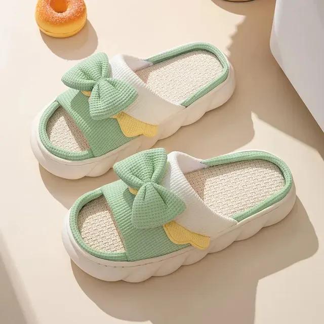 Fashion Spring Summer Autumn Linen Slippers Women Indoor Slippers Comzy Anti Slip House Cotton Shoes Cute Bowknot Flat Slipper Slides