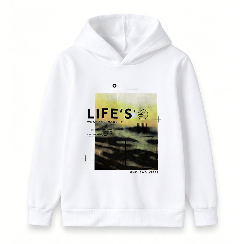 Kids Boys Girls Pullover Hoodie, Retro Life's What You Make It Letter Graphic Casual Long Sleeve Soft Hooded Sweatshirt for Daily Wear, Fall Winter Wa