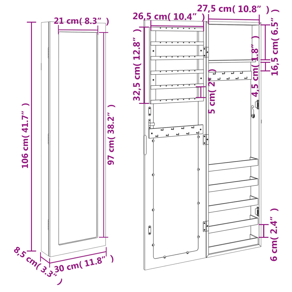 Jewelry Cabinet with Mirror Wall Mountable 30 x 8.5 x 106 cm