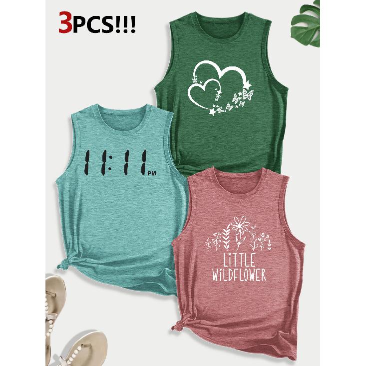 Line Floral Letter Combination Gift Print Pattern Round neck3Pack of Sleeveless Vests for Women In Spring, Summer, and Autumn