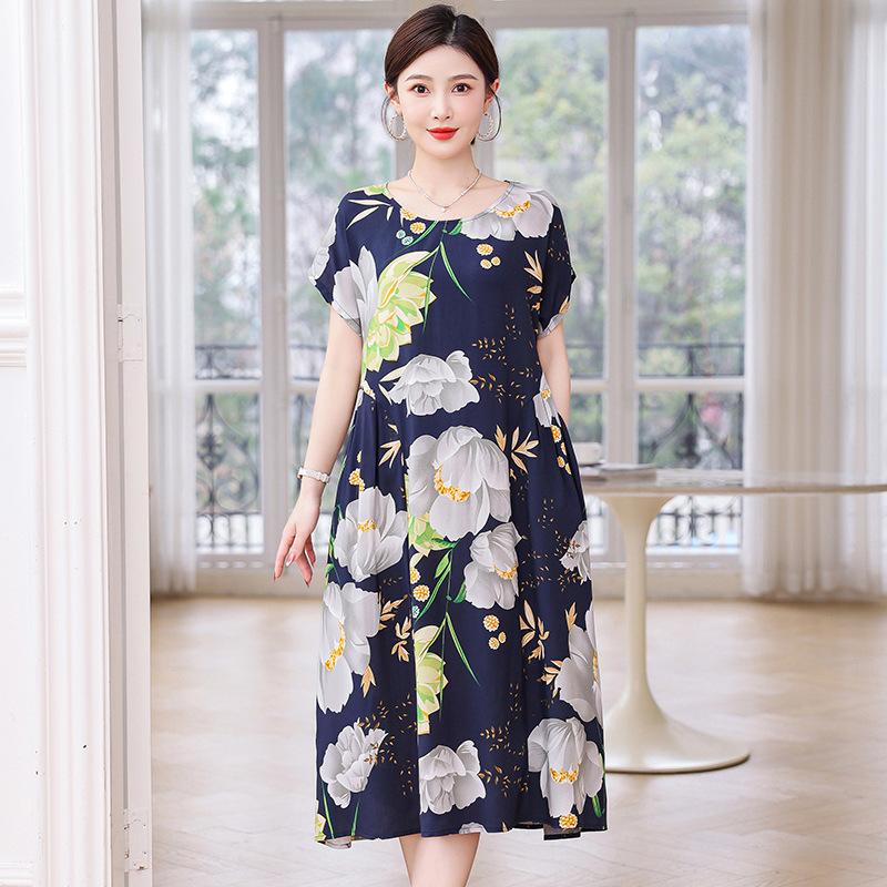 New cotton and silk dress summer large size loose fat mother covering belly and looking thin casual floral long skirt