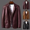 Suit Coat Faux Leather Turn-down Collar Cardigan Solid Color Men Formal Jacket for Meeting