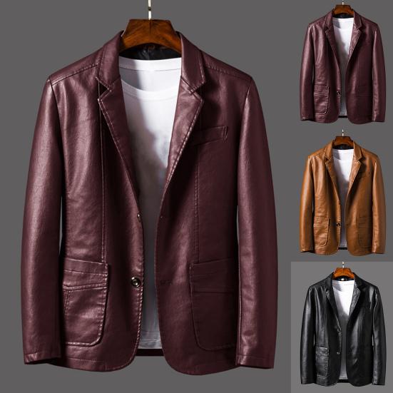 Suit Coat Faux Leather Turn-down Collar Cardigan Solid Color Men Formal Jacket for Meeting