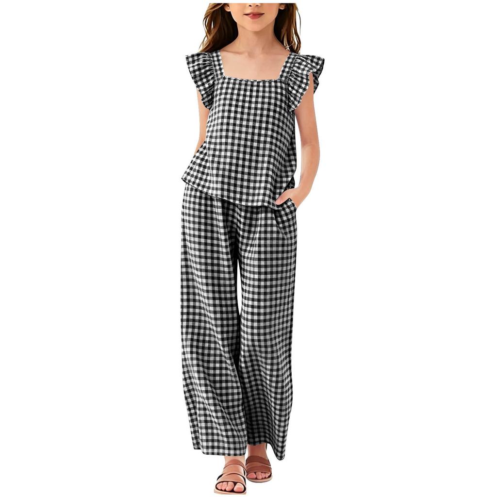 Karomuster Quadratischer Ausschnitt Ärmel Oberteil und Elastische Taille Gerade Hosen mit Taschen Lässiges 2-teiliges Outfit Set für Große Kinder