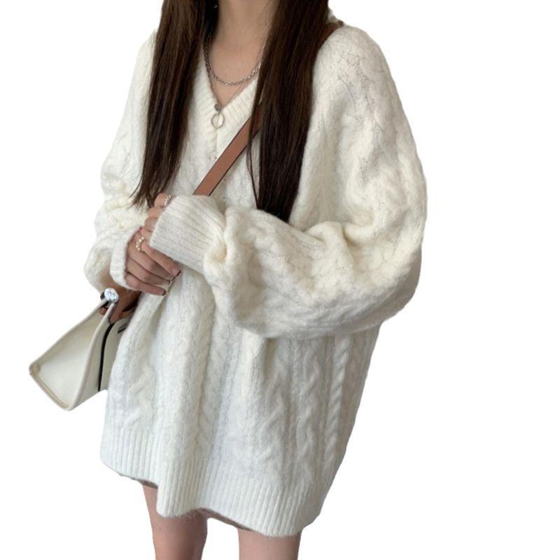 V-neck soft waxy twist knitted sweater top women's autumn and winter new loose and lazy casual versatile pullover sweater