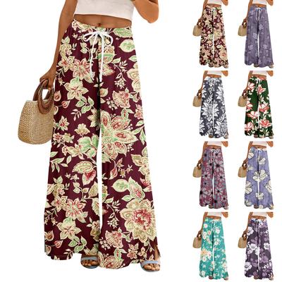 Women Summer Boho Palazzo Pants High Waist Wide Leg Floral Printing Casual Trousers With Pockets