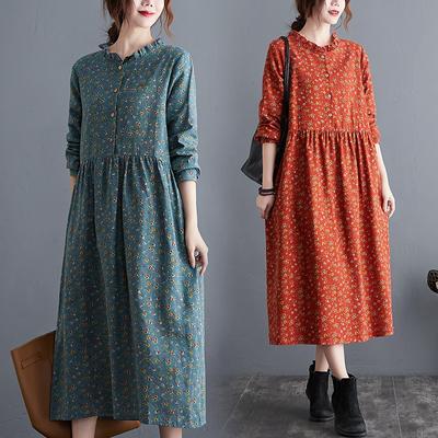Echte Aufnahme Herbst neu retro literarisch Baumwolle und Leinen locker große Größe floral langärmeliges Kleid Damen