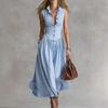 Women's Light Beige Sleeveless Collared Button Down Maxi Dress