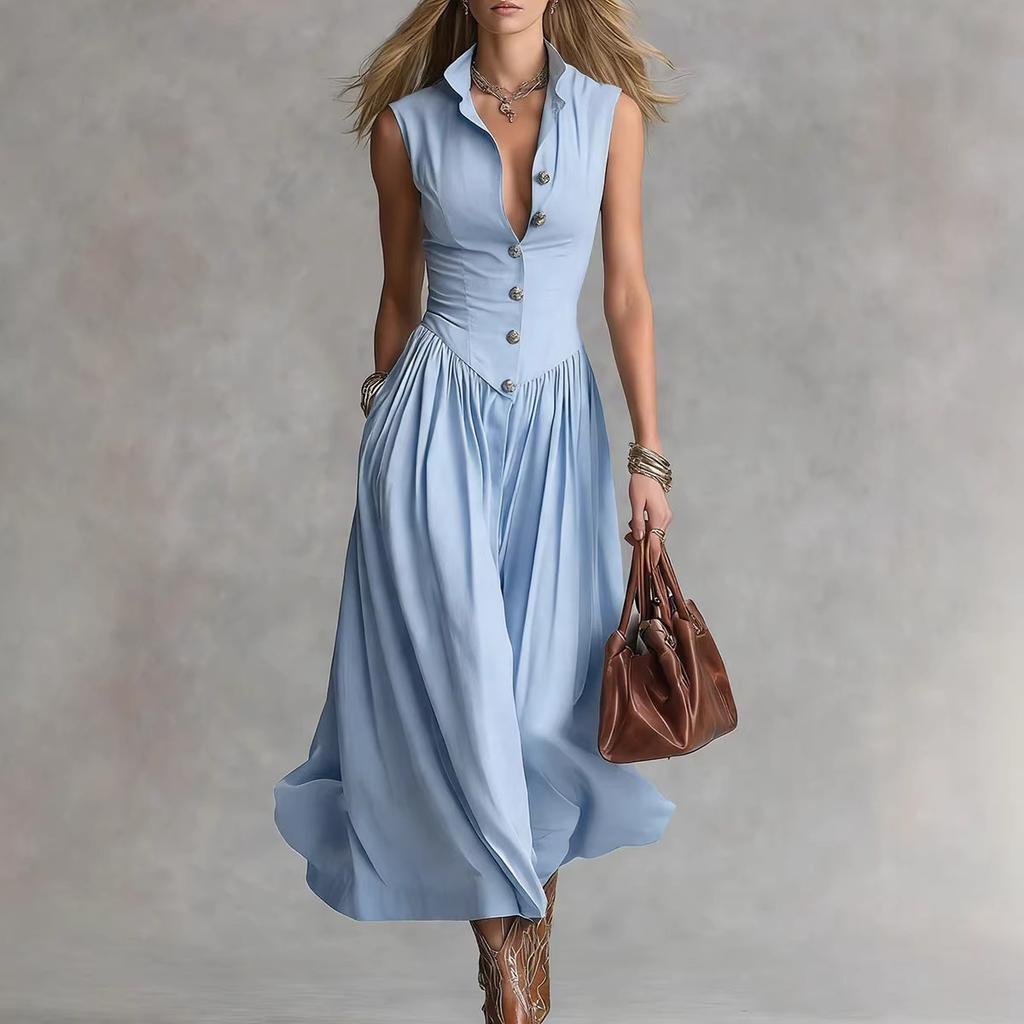 Women's Light Beige Sleeveless Collared Button Down Maxi Dress