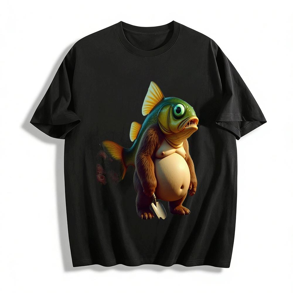 Weird Fish Head Gorilla Belly Funny Graphic Casual Top Pure cotton T-shirt XXS