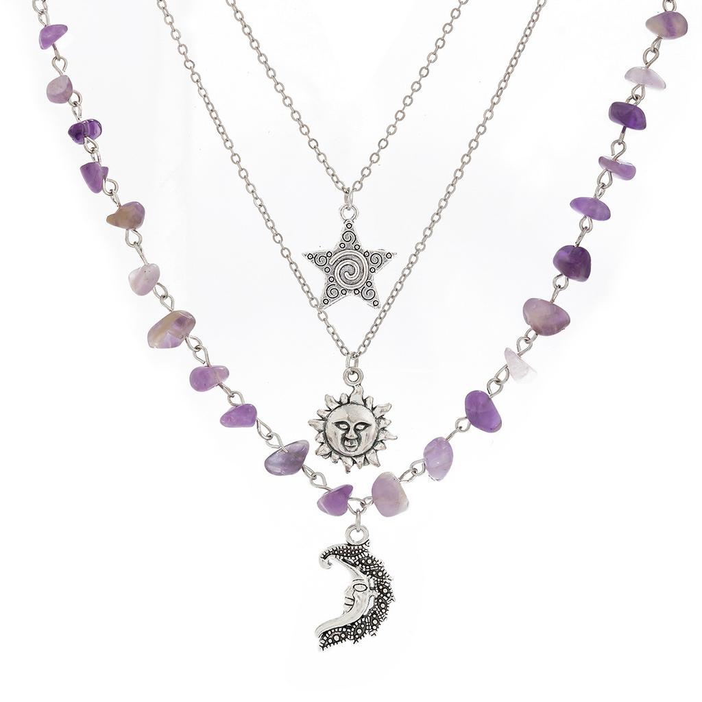 Retro Moon Sun Star Pendant Necklace Women Multilayer Jewelry Accessories