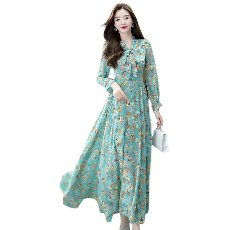 Spring Autumn Mom Dress With Waistcinch Vneck Long Chiffon Skirt For Commuting And Office