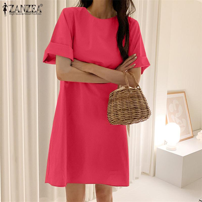 

ZANZEA Женское повседневное свободное летнее платье с круглым вырезом и короткими рукавами