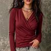 2026 Autumn Women's Cross V-neck Pleated Long Sleeve Casual T-shirt