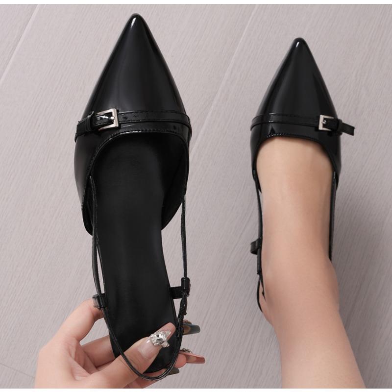Новые пикантные туфли на среднем каблуке с острым носком женские сандалии дизайнерские летние брендовые туфли-лодочки повседневная обувь с открытой пяткой модельные тапочки 42 чёрный 3980₽