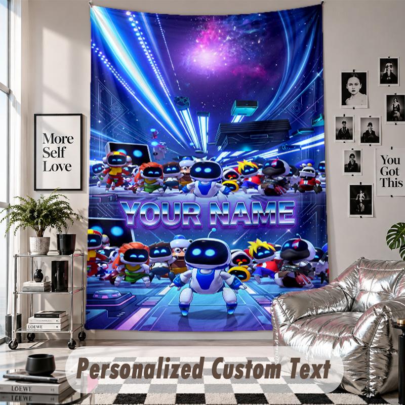 Wall Hanging Tapestry With Custom Name & Text, Astro Bot Decorative Tapestry For Bedroom