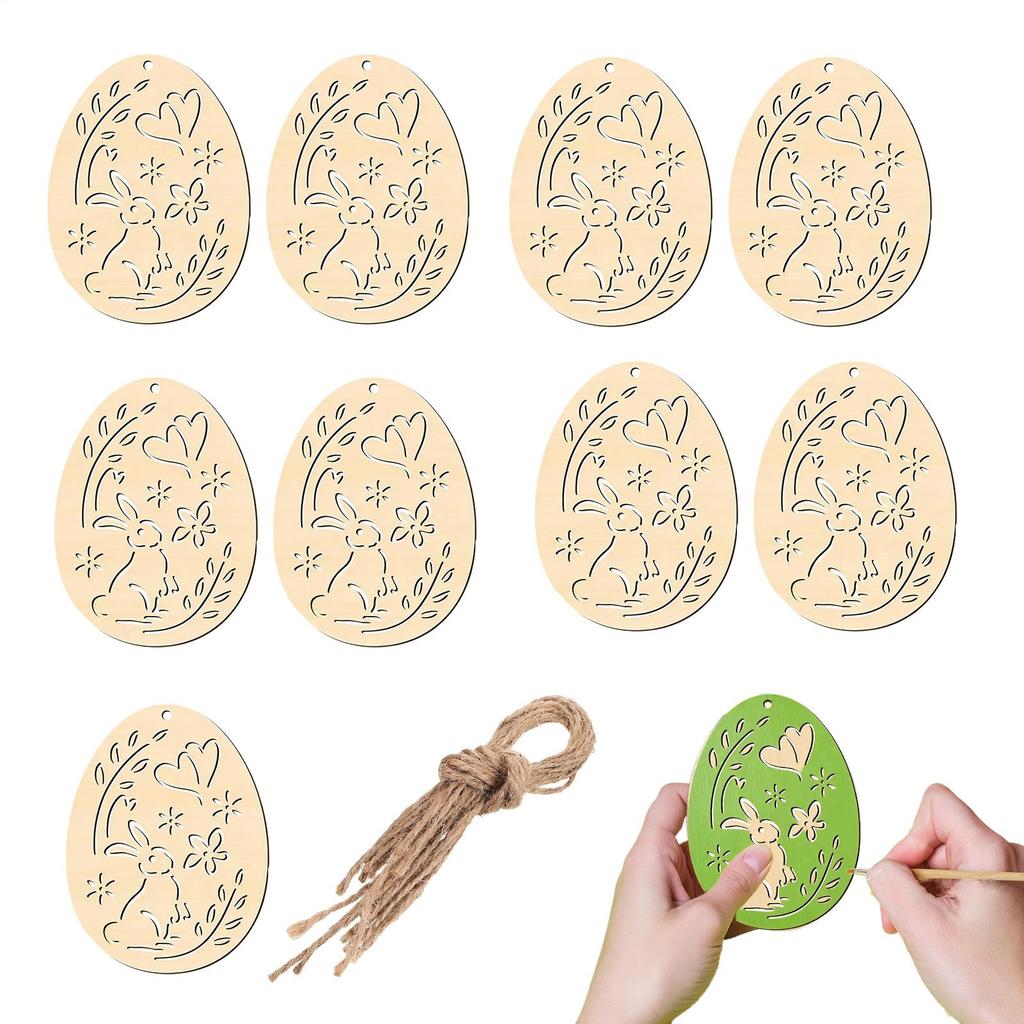 10pcs Easter Unfinished Wood Ornament Hollow Egg Shaped Ornament DIY Wooden Easter Eggs Paintable Decorations for School Party