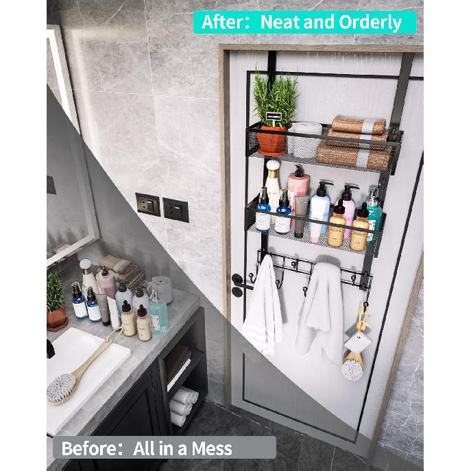 HapiRm Over the Door Hanger with Coat Hooks and 2 Baskets, Rustproof & Waterproof Over the Door Hooks, Storage Organizer for Hats, Bathroom, Kitchen,